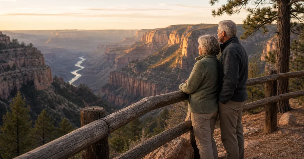 An older couple in outdoor gear stands on a scenic canyon overlook at golden hour, enjoying a vast mountain landscape view.
