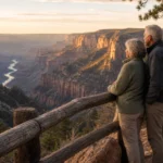 An older couple in outdoor gear stands on a scenic canyon overlook at golden hour, enjoying a vast mountain landscape view.
