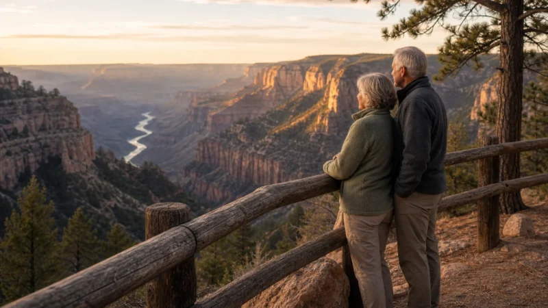 An older couple in outdoor gear stands on a scenic canyon overlook at golden hour, enjoying a vast mountain landscape view.