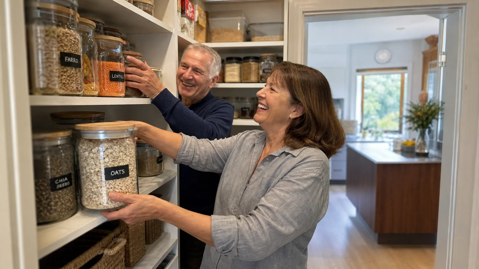 An older couple laughs while organizing glass jars of dry food goods in their brightly lit kitchen pantry.