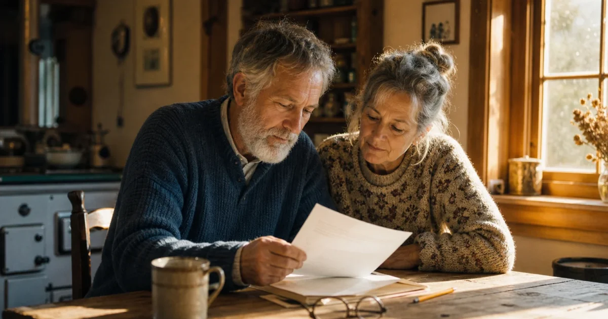 An older couple sits at a wooden kitchen table, looking over paperwork together under soft, natural light.