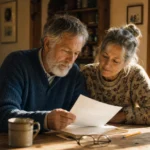 An older couple sits at a wooden kitchen table, looking over paperwork together under soft, natural light.