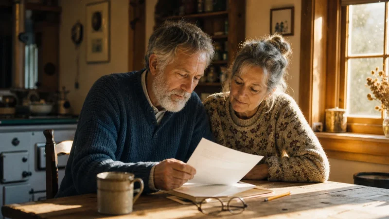 An older couple sits at a wooden kitchen table, looking over paperwork together under soft, natural light.