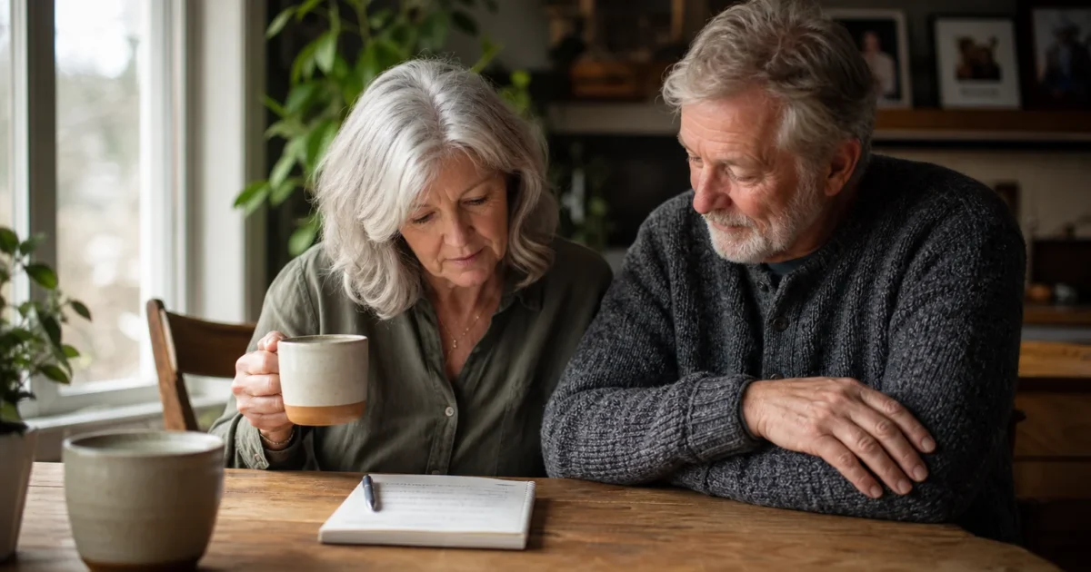 An older couple sits together at a sunlit wooden table, thoughtfully reviewing financial notes in a warm, comfortable home kitchen.