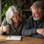 An older couple sits together at a sunlit wooden table, thoughtfully reviewing financial notes in a warm, comfortable home kitchen.