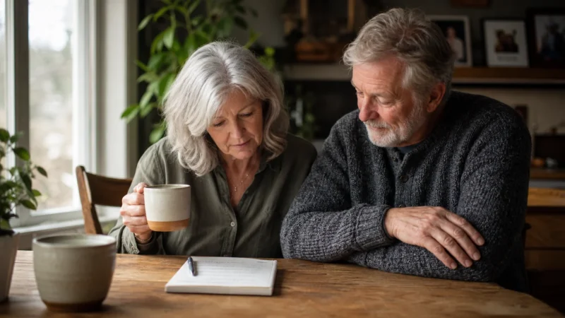 An older couple sits together at a sunlit wooden table, thoughtfully reviewing financial notes in a warm, comfortable home kitchen.