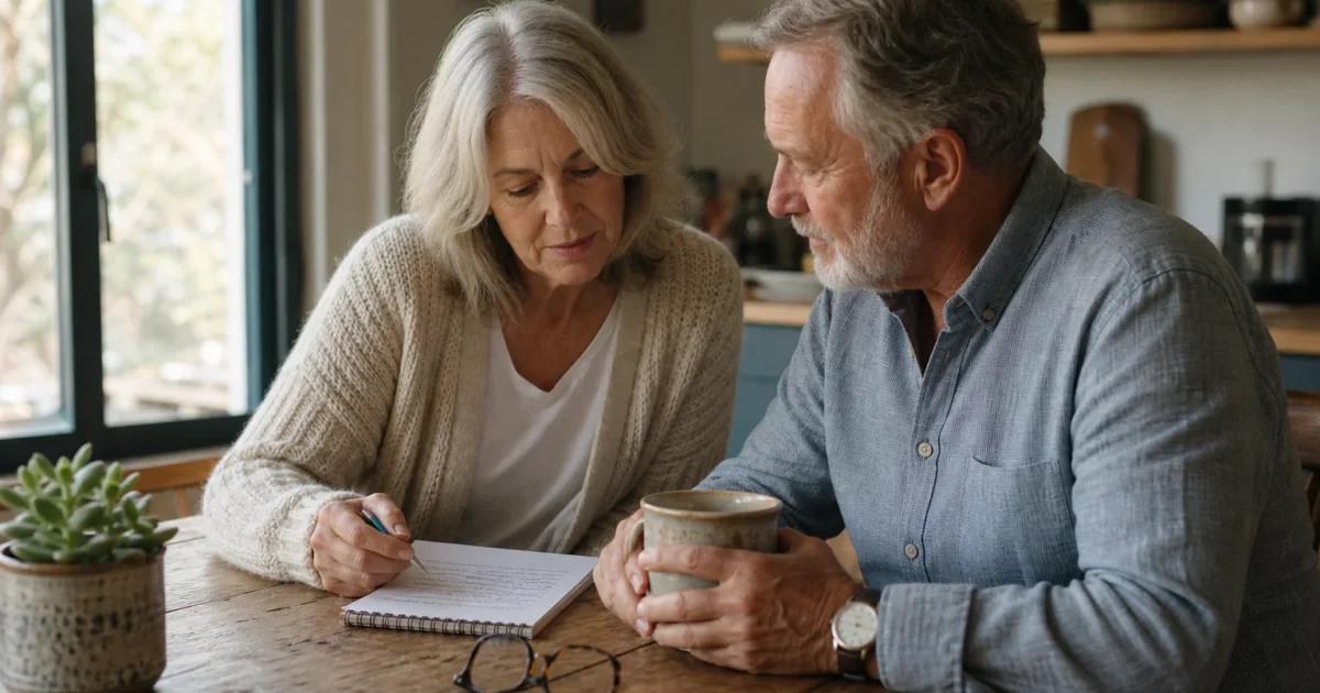An older couple sitting at a sunlit wooden kitchen table, calmly reviewing some papers together over coffee.