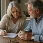 An older couple sitting at a sunlit wooden kitchen table, calmly reviewing some papers together over coffee.