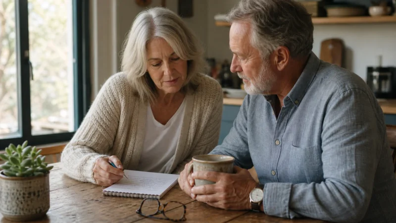 An older couple sitting at a sunlit wooden kitchen table, calmly reviewing some papers together over coffee.