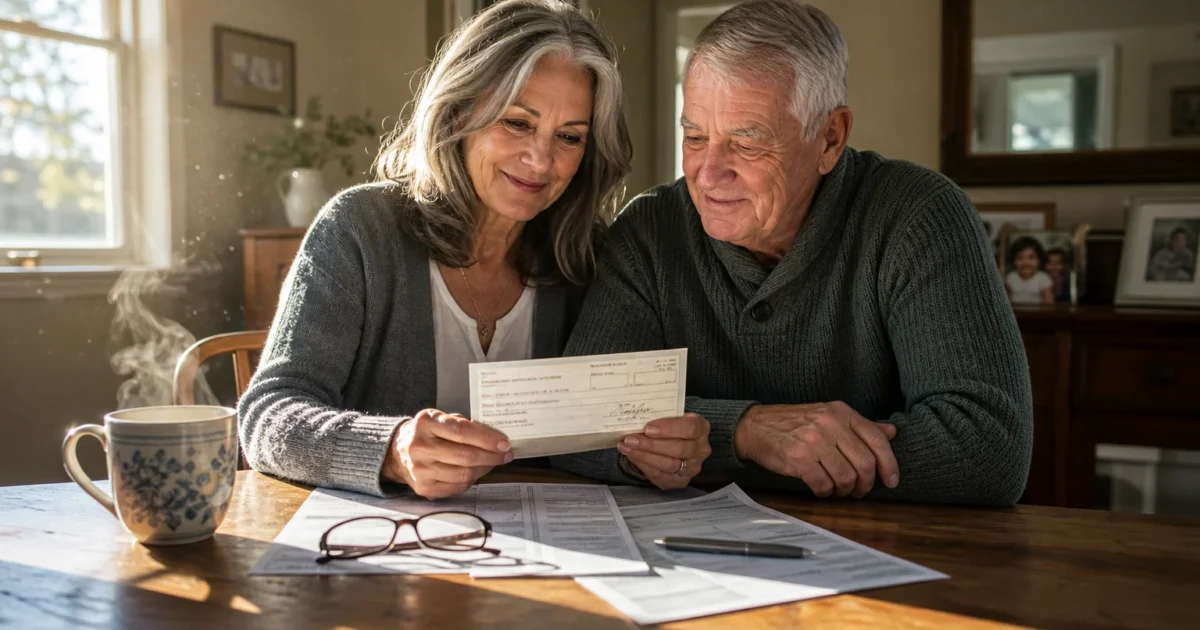 An older couple sitting at a wooden kitchen table looking over documents and a check together in warm morning light.