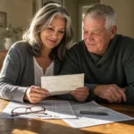 An older couple sitting at a wooden kitchen table looking over documents and a check together in warm morning light.