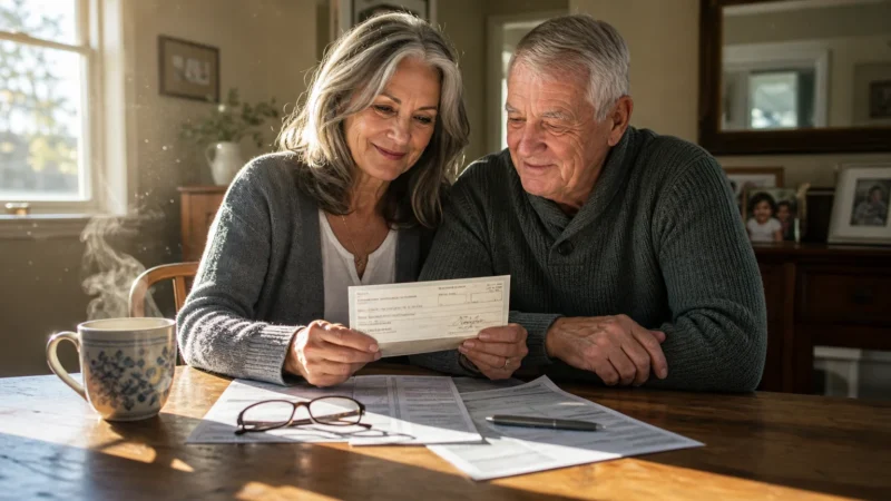 An older couple sitting at a wooden kitchen table looking over documents and a check together in warm morning light.