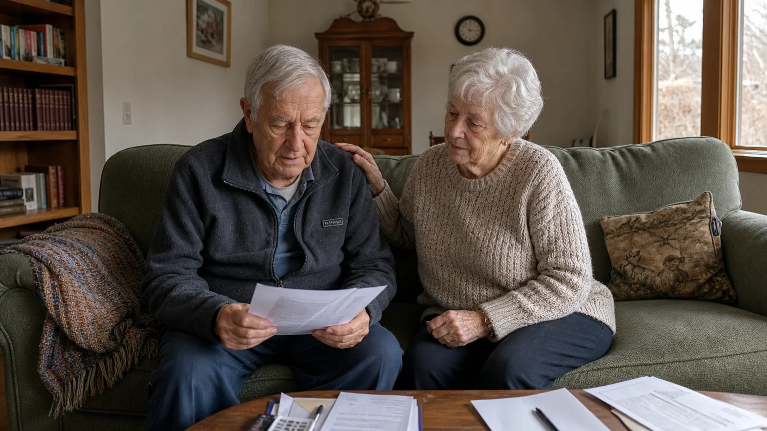 An older couple sitting together on a living room sofa, offering each other quiet comfort while looking over some household papers.