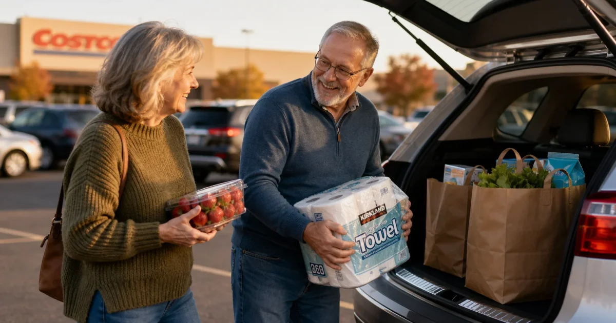 An older couple smiling as they load grocery bags and household essentials into the trunk of their car in a sunlit parking lot.