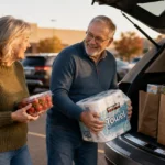 An older couple smiling as they load grocery bags and household essentials into the trunk of their car in a sunlit parking lot.