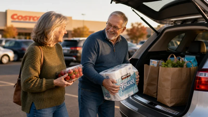 An older couple smiling as they load grocery bags and household essentials into the trunk of their car in a sunlit parking lot.