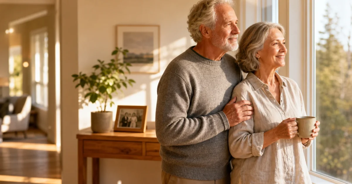 An older couple smiling as they look out a bright window in their clean, beautifully downsized new home.