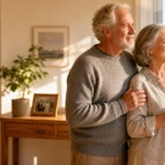 An older couple smiling as they look out a bright window in their clean, beautifully downsized new home.