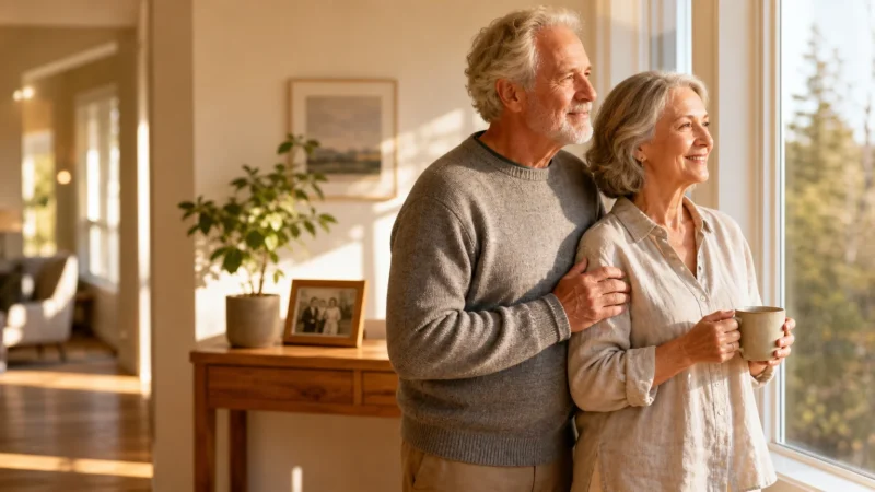 An older couple smiling as they look out a bright window in their clean, beautifully downsized new home.