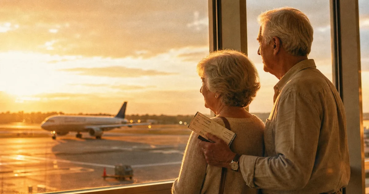 An older couple stands hand-in-hand at a golden hour airport terminal window, watching a plane taxi on the runway.
