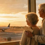 An older couple stands hand-in-hand at a golden hour airport terminal window, watching a plane taxi on the runway.