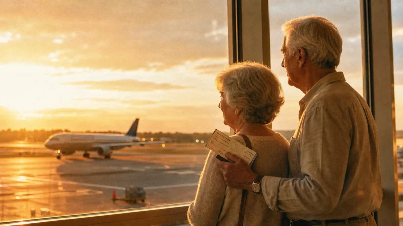 An older couple stands hand-in-hand at a golden hour airport terminal window, watching a plane taxi on the runway.
