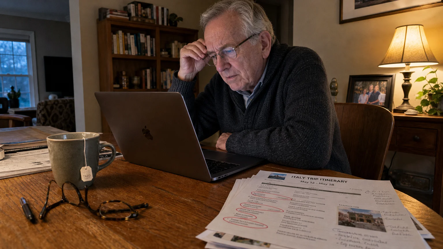An older man carefully reviews a travel itinerary on his laptop at a kitchen table in the evening.