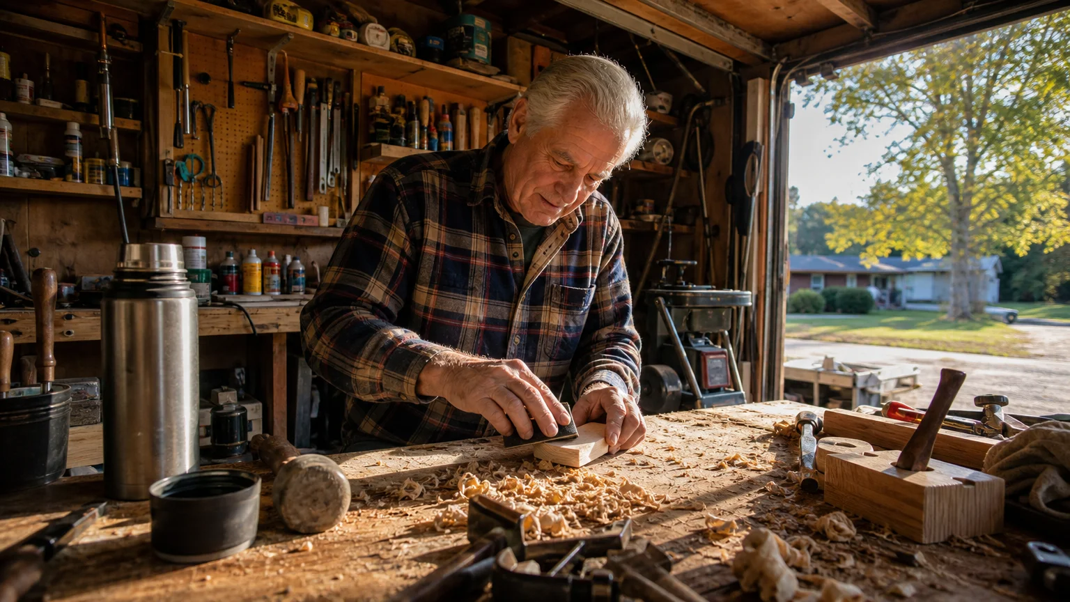 An older man in a flannel shirt happily works on a woodworking project in his sunlit home garage.