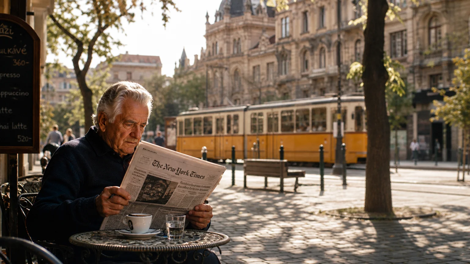 An older man reading an English newspaper at an outdoor cafe in a historic Central European square.
