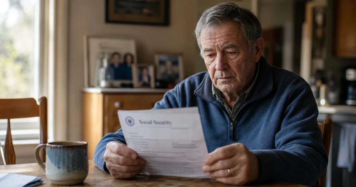 An older man sitting at a wooden kitchen table thoughtfully reading a Social Security letter in soft morning light.