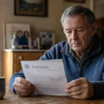 An older man sitting at a wooden kitchen table thoughtfully reading a Social Security letter in soft morning light.