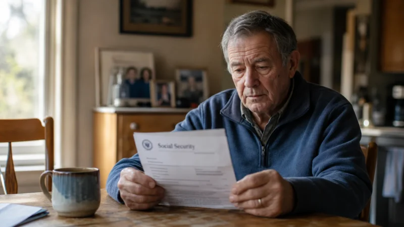 An older man sitting at a wooden kitchen table thoughtfully reading a Social Security letter in soft morning light.