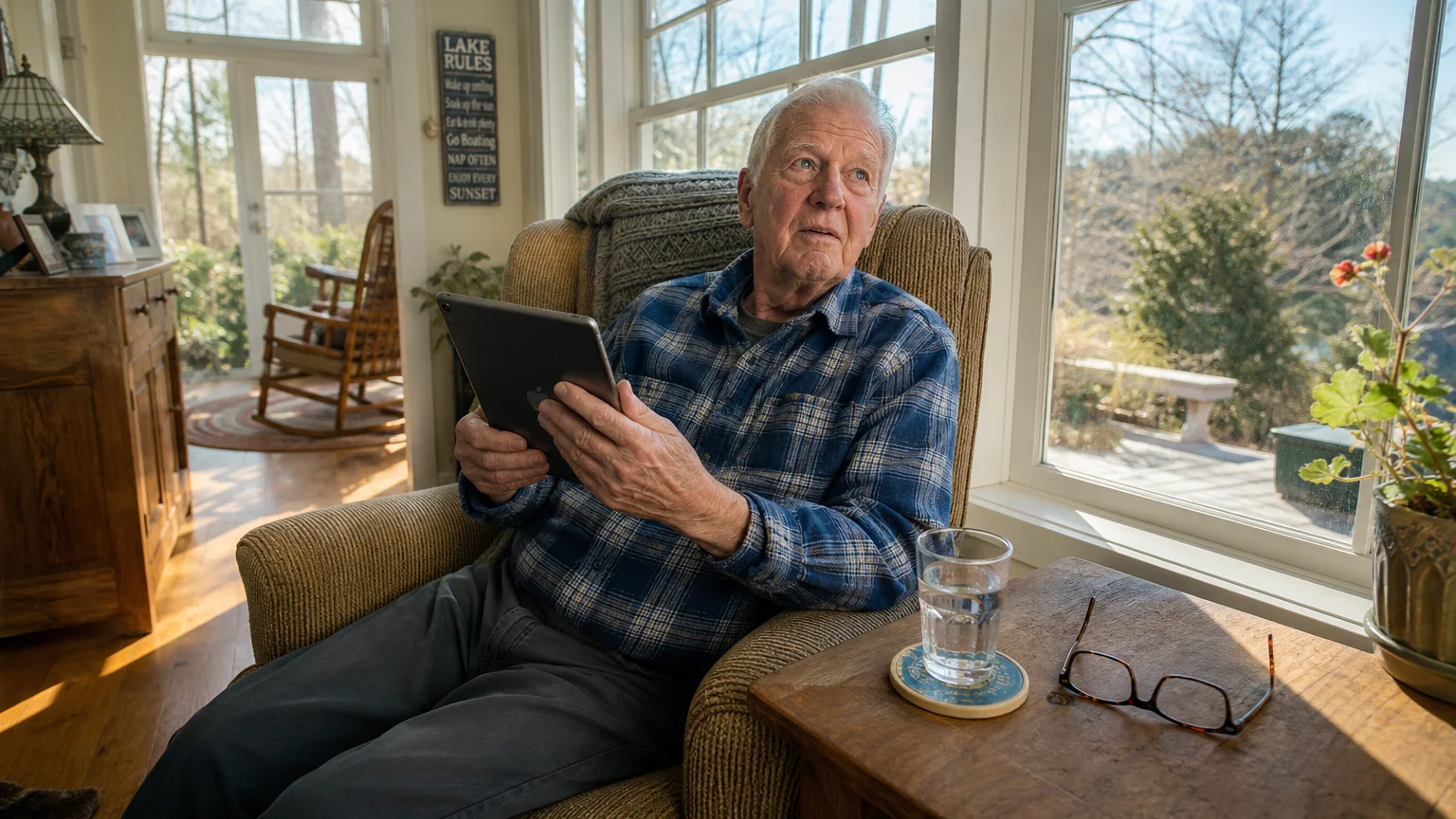 An older man sitting in a sunlit home sunroom, looking up thoughtfully while reading an article on his digital tablet.
