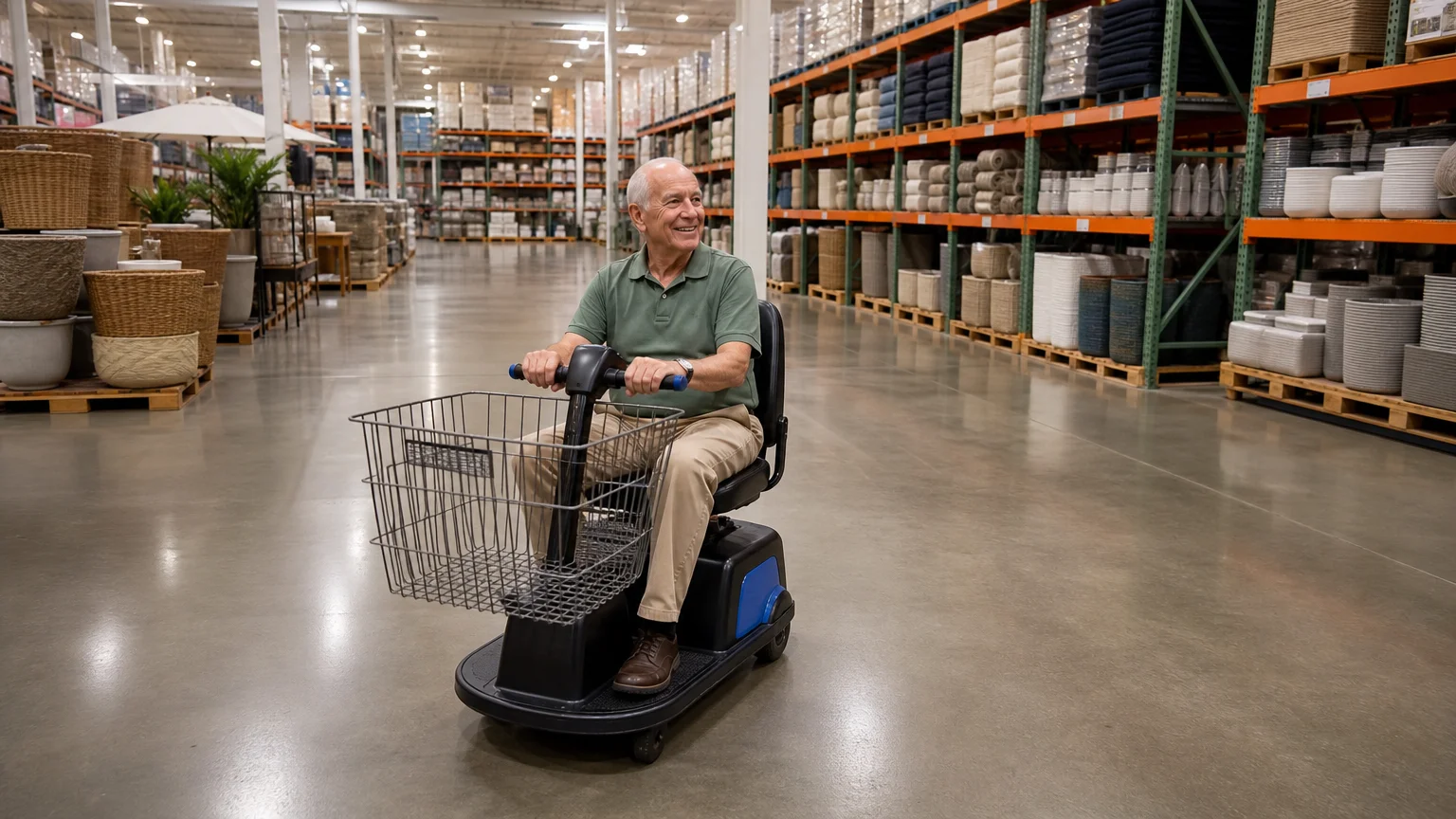 An older man smiling while riding a motorized shopping cart down a wide, spacious warehouse store aisle.