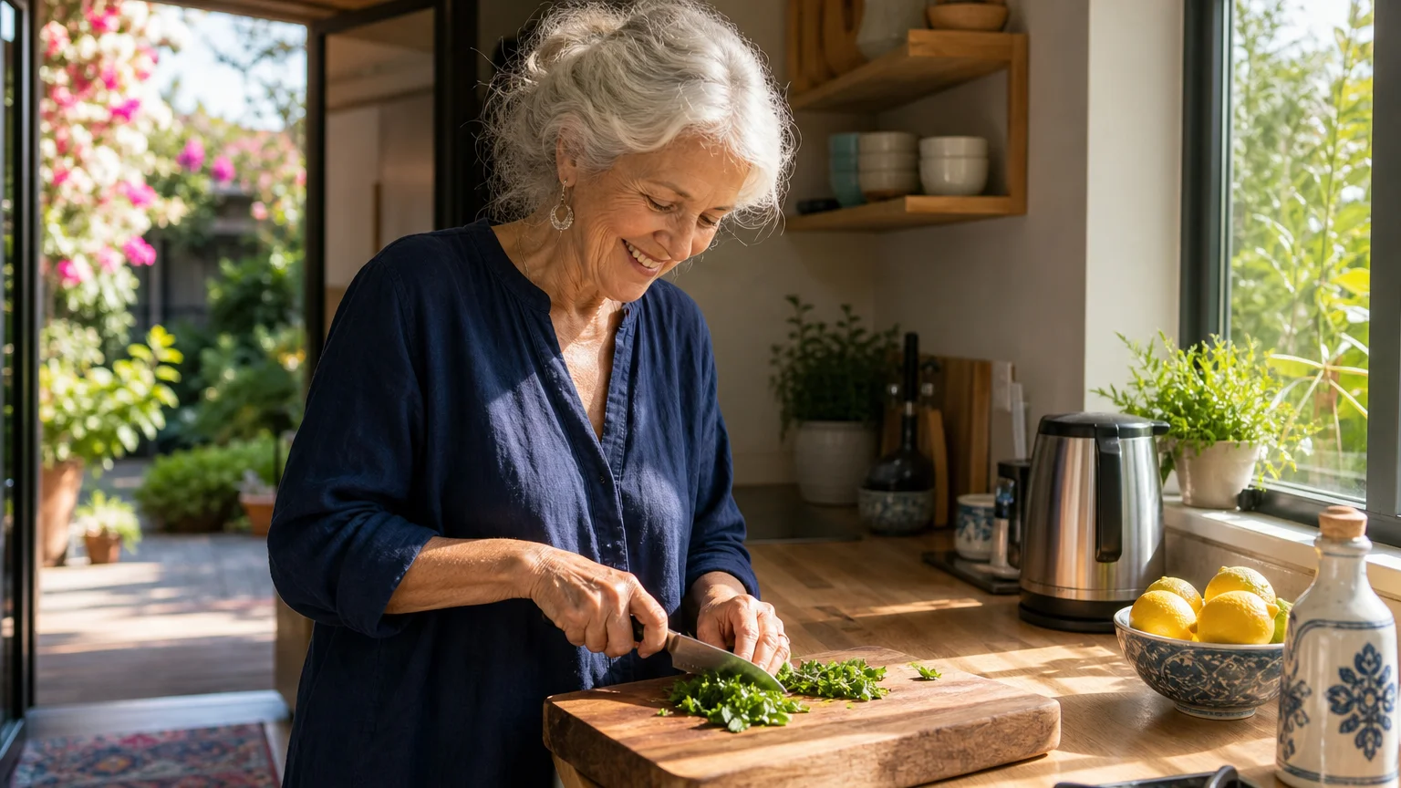 An older woman cooking independently in her bright, modern, and compact kitchen filled with sunlight.