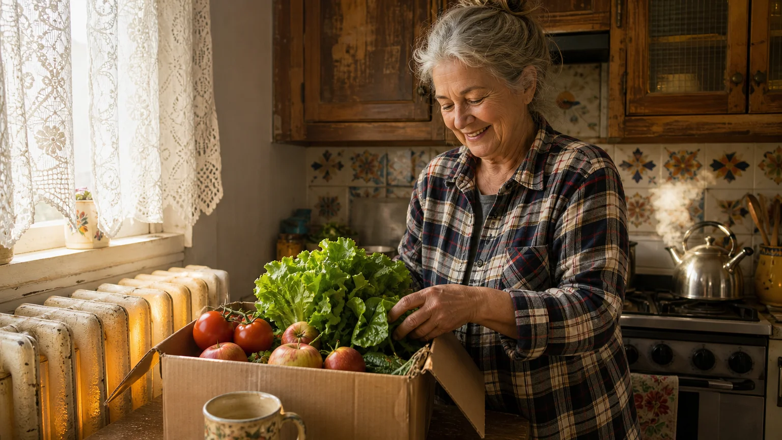 An older woman in a kitchen happily unpacking a cardboard box of fresh, colorful groceries.