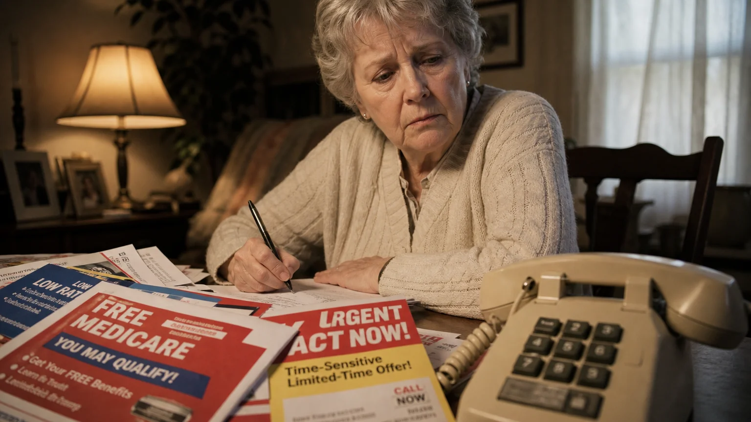 An older woman looking skeptically at suspicious junk mail on her desk next to a landline phone, in a warm, cinematic photo.