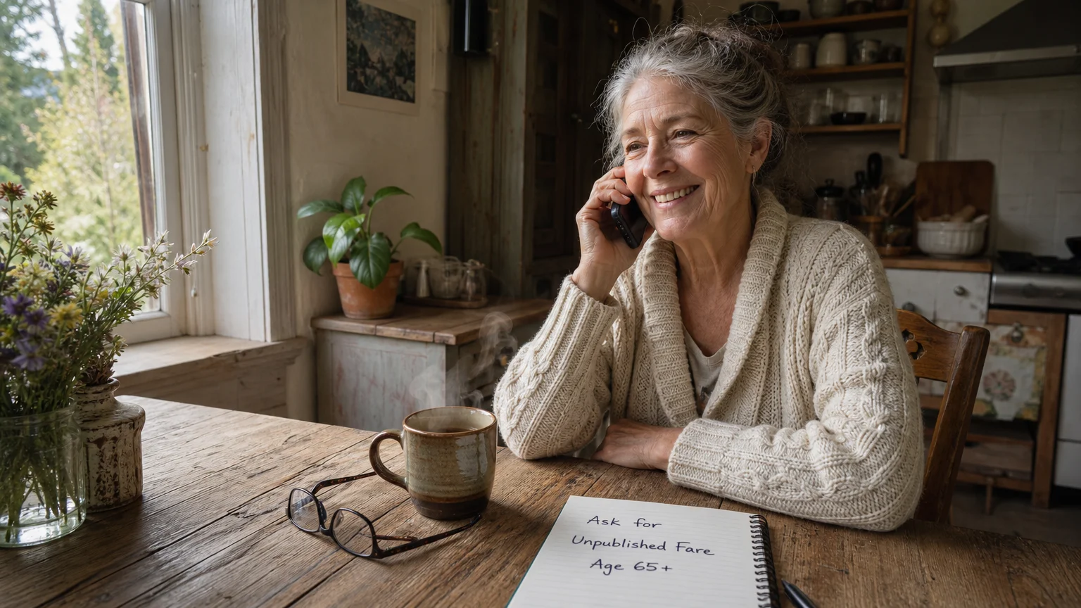 An older woman sits at her kitchen table talking on the phone, looking at a notepad with handwritten travel planning notes.