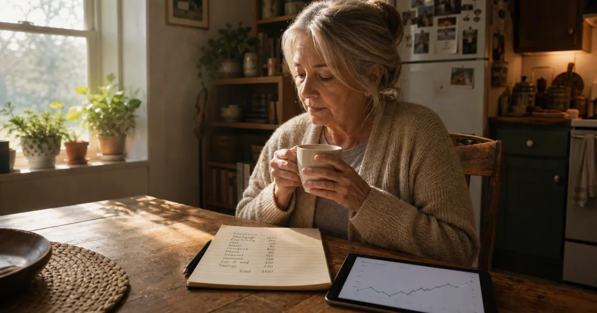 An older woman sits at her sunlit wooden kitchen table, looking thoughtfully over her handwritten household budget with a warm mug.