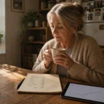 An older woman sits at her sunlit wooden kitchen table, looking thoughtfully over her handwritten household budget with a warm mug.