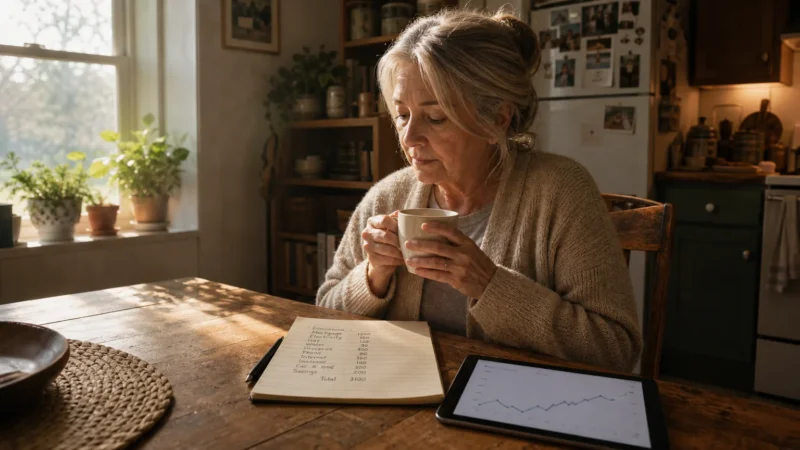 An older woman sits at her sunlit wooden kitchen table, looking thoughtfully over her handwritten household budget with a warm mug.