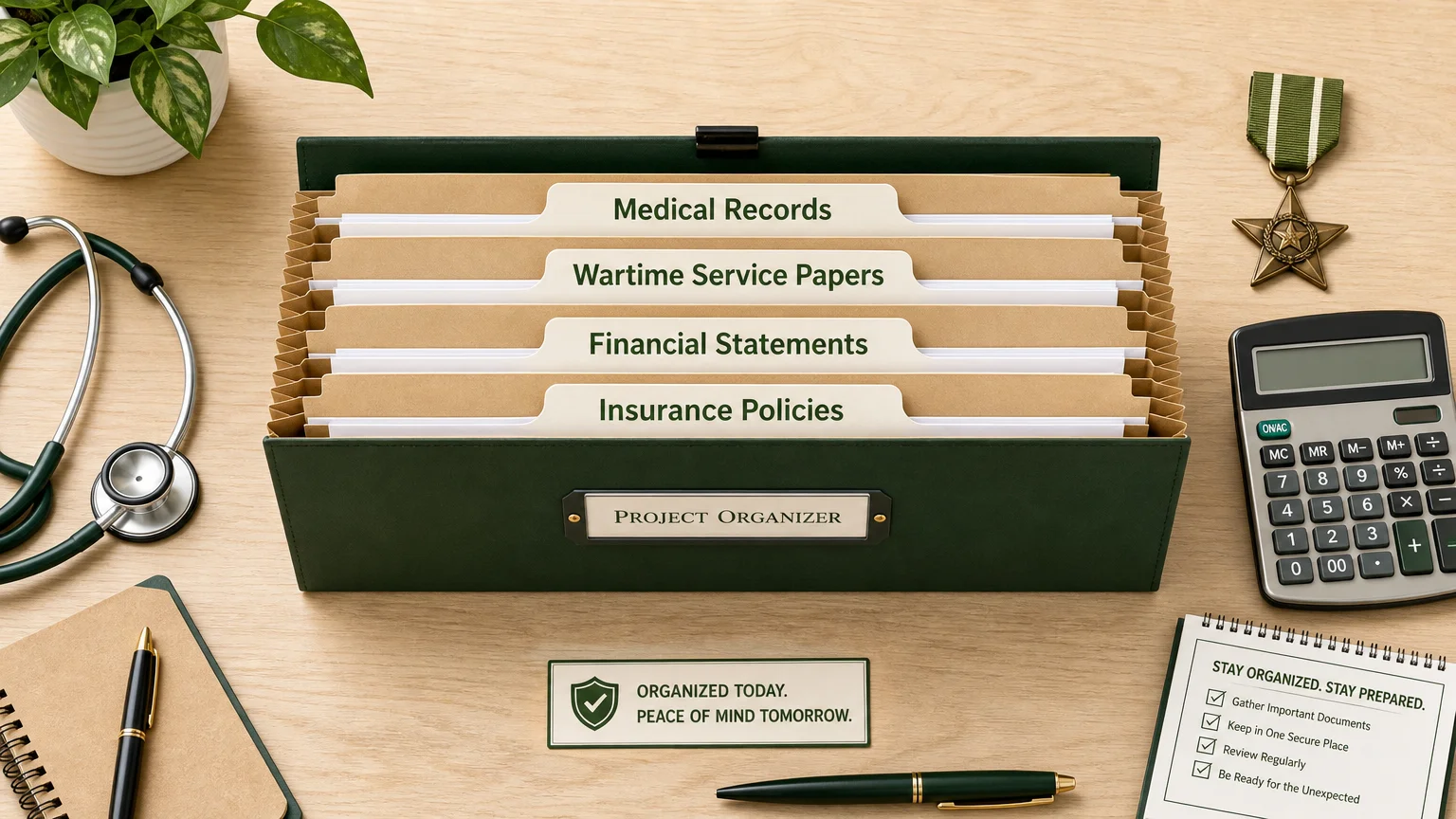 An organized flat-lay diagram showing a document folder with tabs for medical records, veteran papers, and financial statements.