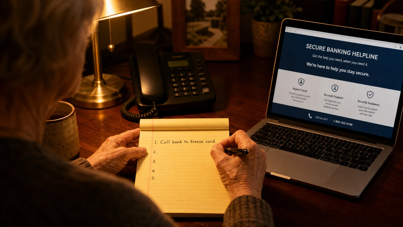 An over-the-shoulder shot of a person writing Call bank to freeze card on a yellow notepad at a warm desk.