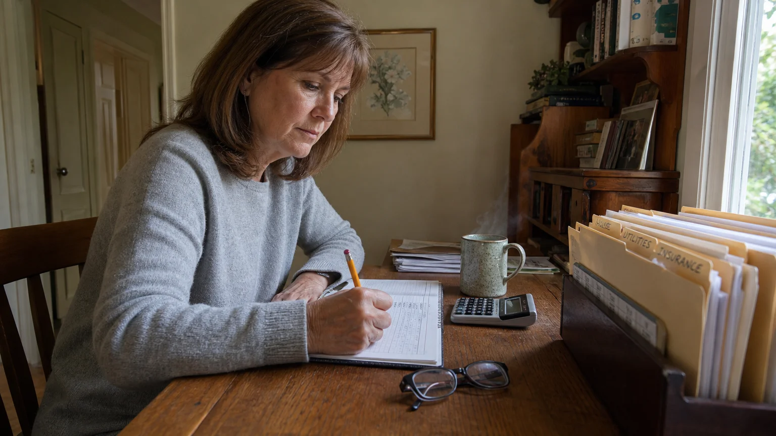 Candid photo of a woman in her 60s at her home desk, organizing her retirement budget with a ledger and calculator.