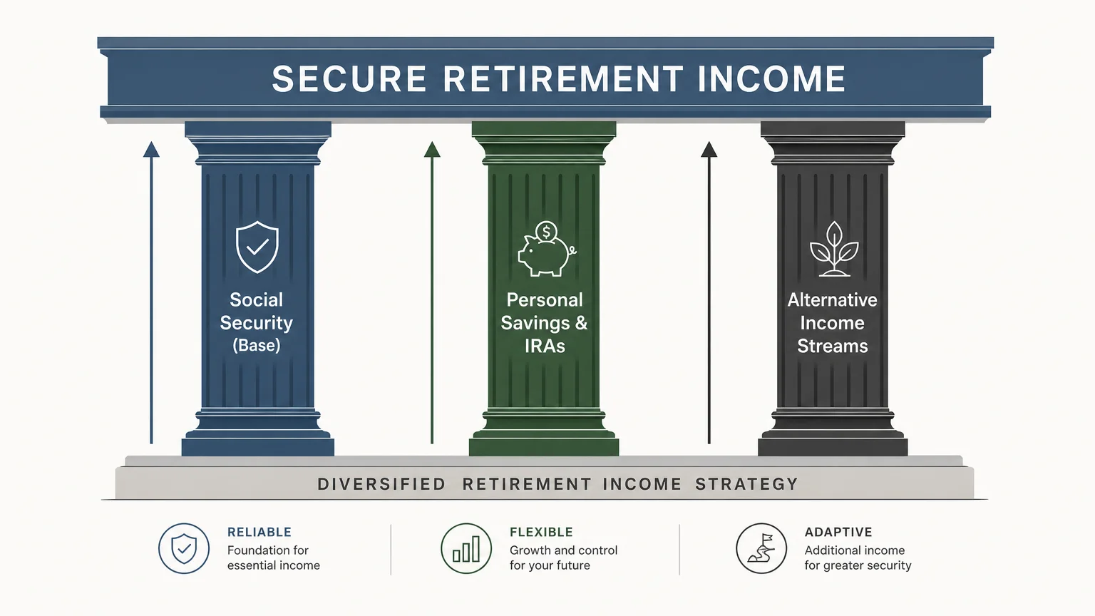 Clean structural diagram showing the three core pillars of a secure and diversified retirement income.