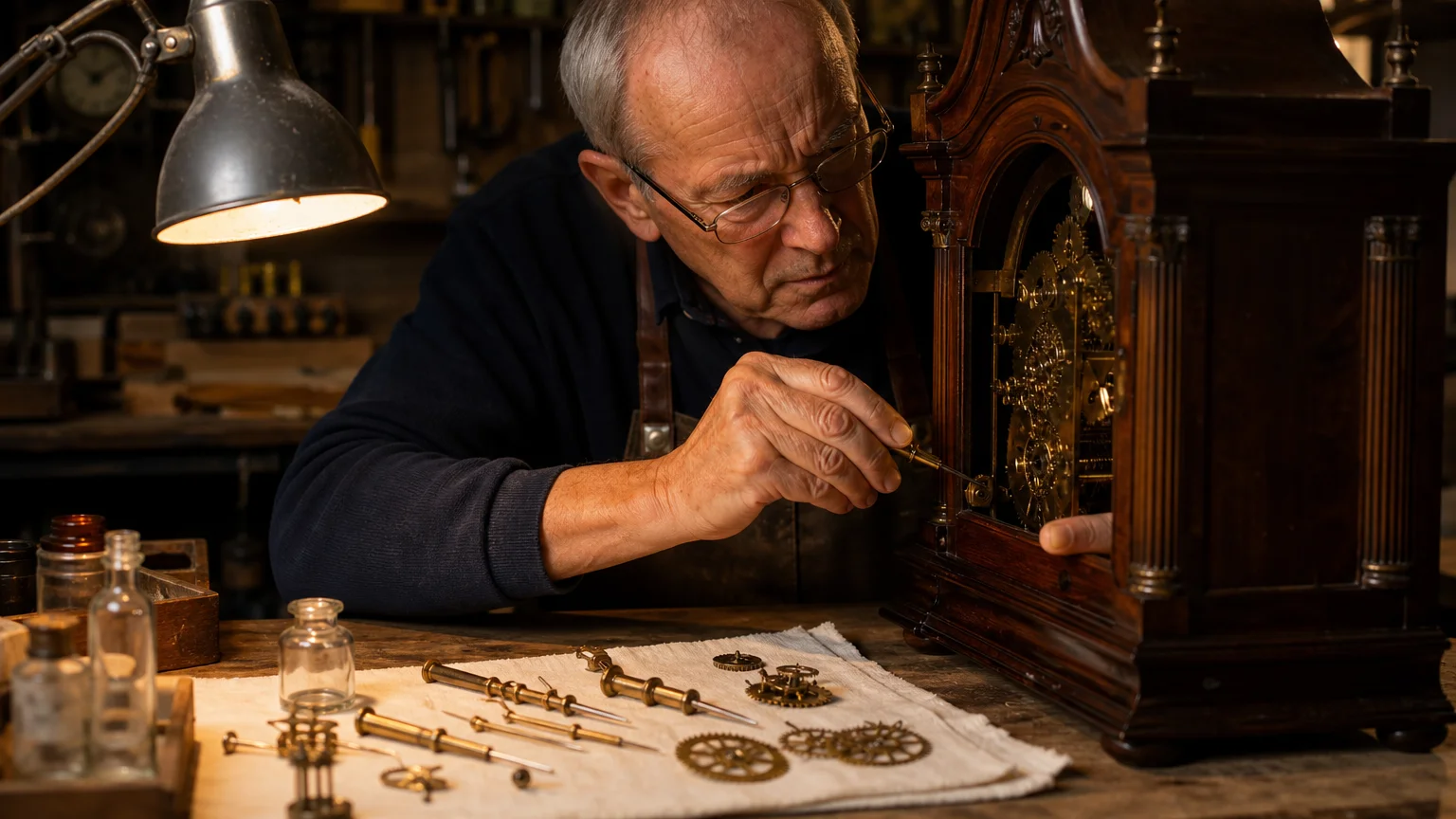 Close-up of a senior craftsman's weathered hands repairing an intricate vintage clock mechanism at a wooden workbench.