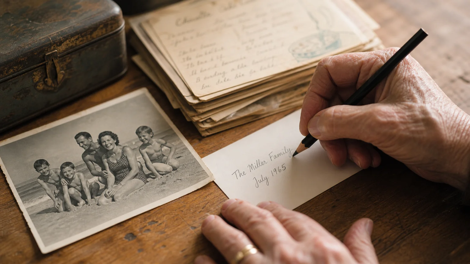 Close-up of a senior's hands labeling a vintage family photograph next to a handwritten recipe card on a wooden table.