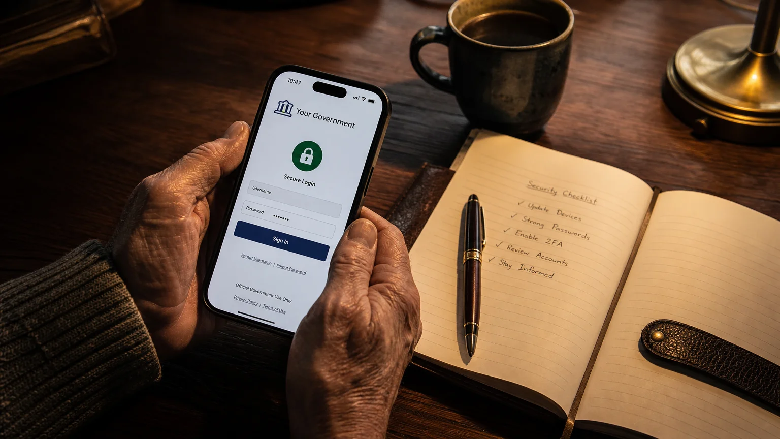 Close-up of an older person's hands holding a smartphone displaying a secure, verified login screen at a warm wooden desk.