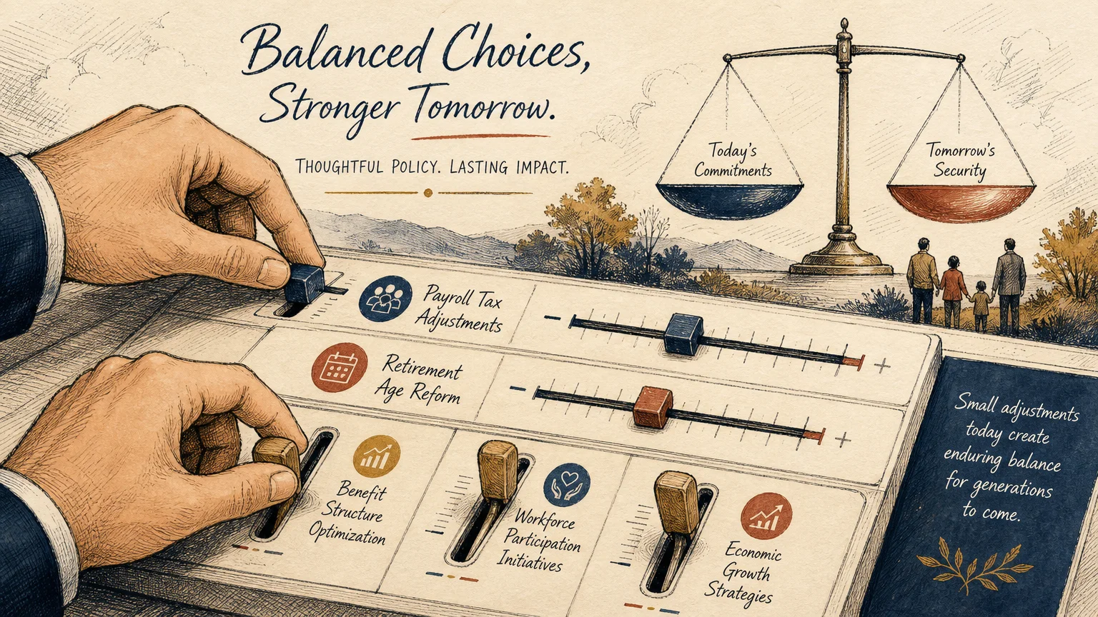 Conceptual illustration of hands adjusting structural sliders and levers representing policy changes.