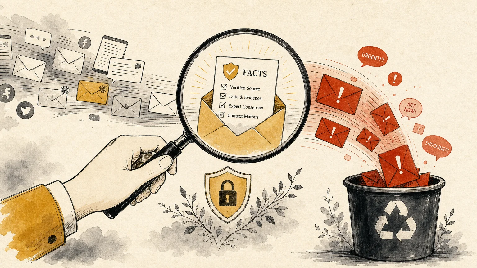 Conceptual ink illustration of a magnifying glass filtering out fraudulent scam letters from genuine mail.